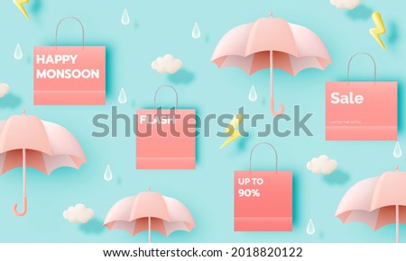 Cute umbrella for monsoon season with pastel color scheme and paper art style vector illustration