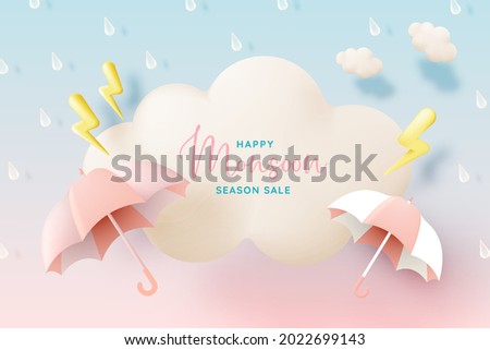 Monsoon season banner sale with pastel color scheme and paper art style vector illustration