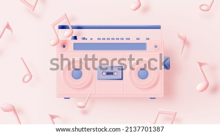 Music notes with boom box, song, melody or tune 3d realistic vector icon for musical apps and websites background vector illustration