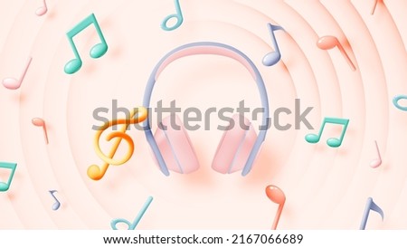 Music notes and headphones with melody or tune 3d realistic vector icon for musical apps and websites background vector illustration