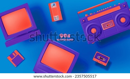Boom box ,TV and Desktop PC in mood of 90's nostalgia realistic 3d 90's pastel color scheme vector illustration