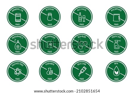 icon set of mineral oil, sodium, alcohol-free, phosphate-free, fragrance-free, aluminum-free,  sls sles free, pesticides free, sulfate-free, paraben-free, silicon free, BPA free all in vector format