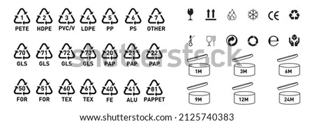 Pete 1, HDPE 2, PVC 3, LDPE 4, pp5, ps6, gls 70, gls 71, pap20, pap 21, tex60, fe, ce, frozen, e, recycle, 40 plastic, organic, glass, metal standard icon set and best before opening cosmetic icon set Сток-фото © 