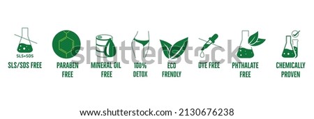 sls sds free, paraben free, mineral oil free, 100% detox, eco friendly, dye, phthalate free, chemically proven icon set vector illustration 