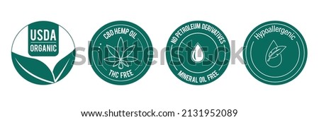 USDA organic, CBD hemp oil, THC free, no petroleum derivatives, mineral oil-free, hypoallergenic icon set vector illustration icon set