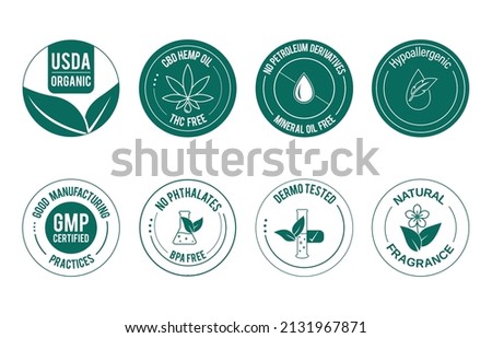 USDA organic, CBD hemp oil, THC free, mineral oil-free,  hypoallergenic, GMP, BPA free, phthalate-free, dermo tested, natural fragrance icon set vector illustration 