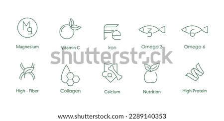magnesium, vitamin c, iron, omega 3, omega 6, high fiber, collagen, calcium, nutrition, high fiber icon set vector illustrtaion