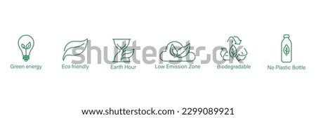 green energy, eco friendly, earth hour, low emission zone, biodegradable, no plastic bottle icons vector illustration 