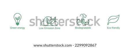 green energy, eco friendly,  low emission zone, biodegradable icons vector illustration 