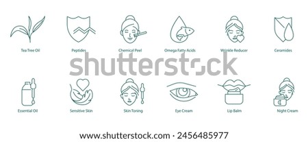 Skincare Ingredients Icon Set: Tea Tree Oil, Peptides, Chemical Peel, Omega Fatty Acids, Wrinkle Reducer, Ceramides, Essential Oil, Sensitive Skin, Skin Toning, Eye Cream, Lip Balm