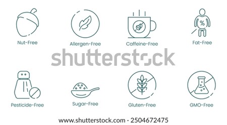 Nut-Free, Allergen-Free, Caffeine-Free, Fat-Free, Pesticides-Free, Sugar-Free, Gluten-Free, and GMO-Free Vector Illustration Icon Set