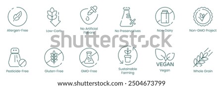 Allergen-Free, Low Carbs, No Artificial Flavors, No Preservatives, Non-Dairy, Non-GMO Project, Pesticide-Free, Gluten-Free, GMO-Free, Sustainable Farming, Vegan, and Whole-Grain Vector icons