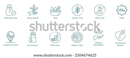 Pesticides-Free, Plant-Based, Raw, Gluten-Free, GMO-Free, Halal, Locally Sourced, Low Sodium, 100% Juice, Made in USA, Natural Ingredients, and No Artificial Flavors Vector Illustration Icon Set