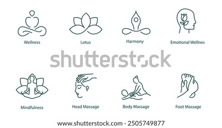 Vector Icons Set: Wellness, Lotus, Harmony, Emotional Wellness, Mindfulness, Meditation, Head Massage, Body Massage, Foot Massage