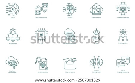 Comprehensive AI and Cloud Computing Vector Icons Set: AI Brain, Data Synchronization, AI Ethics, Cloud Migration, Quantum Computing, API Connection, AI Chip, Cloud-Based Database vector icon set