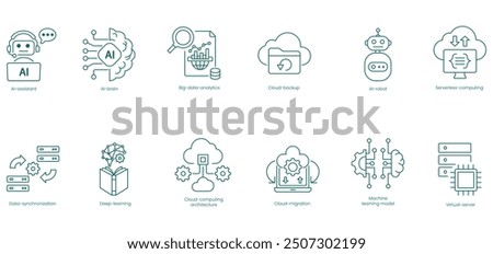 AI and Cloud Computing Solutions Vector Icons Set: Assistant, Brain, Big Data Analytics, Cloud Backup, AI Robot, Serverless Computing, Data Synchronization, Deep Learning vector icon set