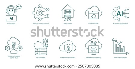 Comprehensive AI and Cloud Infrastructure Vector Icons Set: AI Assistant, Artificial Neural Network, Data Center, Cloud Backup, AI-Driven Automation, Cloud Computing Architecture vector icon set