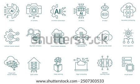 AI and Cloud Computing Comprehensive Vector Icons Set:  Brain, AI Camera, Driven Automation, AI Ethics, AI Robot, Serverless Computing, Artificial Neural Network, Big Data Analytics vector icon set