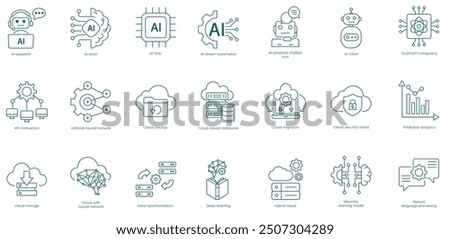 AI and Cloud Computing Solutions Vector Icons Set: Assistant, AI Brain, AI Chip, Driven Automation, Power Chatbot, AI Robot, Content Computing, API Connection, Artificial Neural Network vector icon