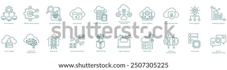 Comprehensive Cloud and AI Solutions Vector Icons Set: API Connection, Artificial Neural Networks, Big Data Analytics, Cloud Backup, Cloud-Based Automation, Cloud Computing Architecture vector icons