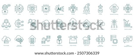 Comprehensive AI and Cloud Computing Vector Icons Set: AI Assistant, Brain, Camera, Chip,Automation, AI Ethics, Chatbot, AI Robot, Computing, Quantum vector icon set