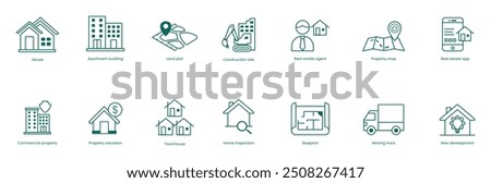 Real Estate Vector Icon Set: House, Apartment Building, Land Lot, Construction Site, Real Estate Agent, Property Map, Real Estate App, Commercial Property, Property Valuation, Townhouse