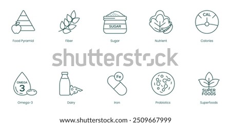 Comprehensive Nutrition Vector Icons: Food Pyramid, Fiber, Sugar, Nutrients, Calories, Omega-3, Dairy, Iron, Probiotics, and Superfoods