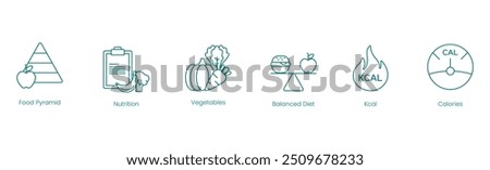 Balanced Diet and Nutrition Vector Icons: Food Pyramid, Nutrition, Vegetables, Balanced Diet, Kcal, and Calories