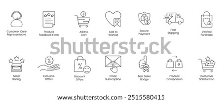 Customer Care Representative, Product Feedback Form, Add to Cart, Add to Wishlist, Secure Payment, Fast Shipping, Verified Purchase, Seller Rating, Exclusive Offers, Discount Offers vector icon set