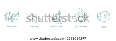 Body Scrub, Foot Spa, Bamboo Spa, Spa Treatment, and Facials Vector Icons for Complete Care