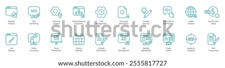 Advanced SEO and Web Optimization Icon Set – Anchor Text, Search Engine Crawling, Viral Marketing, Computer Analysis, Responsive Web Design, Mobile Marketing, Photo Presentation, Events Calendar 