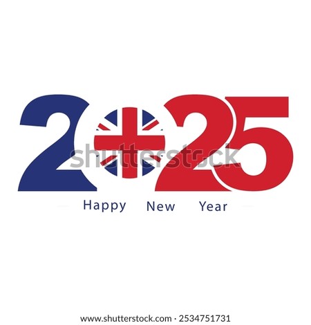 Celebrate New Year 2025 with a unique and vibrant logo design featuring the United Kingdom flag and iconic symbols. This creative Happy New Year 2025 design is perfect for use in calendars, t-shirt pr