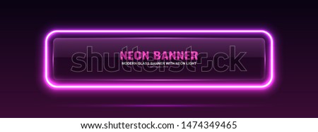 Rectangular glass banner. Transparent billboard with neon lights. Vector illustration.