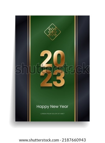 2023 Happy New Year and Merry Christmas. Designer cover with gold elements on a black background for invitation, congratulatory postcard, calendar, parties. Vector.