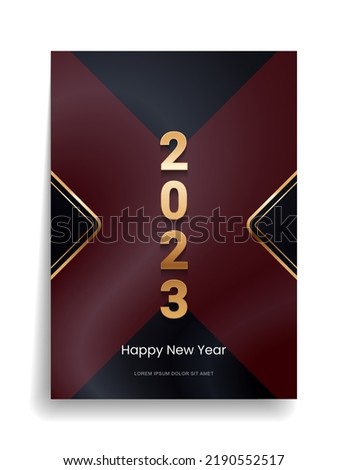 2023 Happy New Year and Merry Christmas. Designer cover with gold elements on a black background for invitation, congratulatory postcard, calendar, parties. Vector.