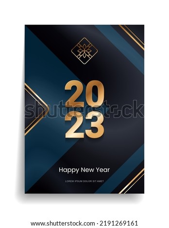 2023 Happy New Year and Merry Christmas. Designer cover with gold elements on a black background for invitation, congratulatory postcard, calendar, parties. Vector.