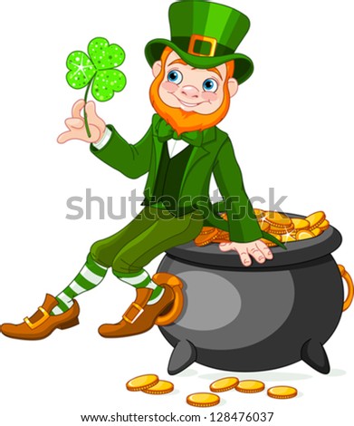 Cute Cartoon Leprechaun Sitting On Pot Of Gold Stock Vector ...