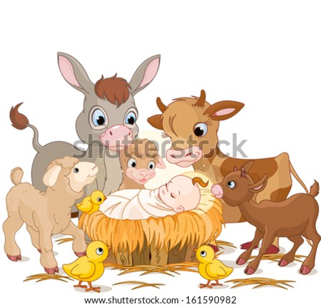 Holy Child With Donkey, Lambs, Goat And Calf Stock Vector Illustration ...