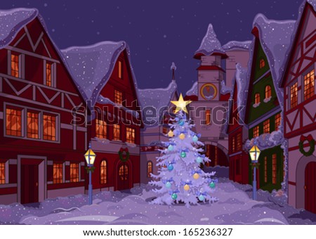 Christmas Town Street At Night Stock Vector Illustration 165236327 ...