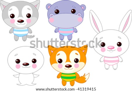 Cute funny baby animals set. Vector illustration