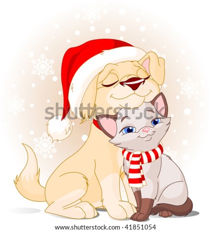 Cute Dog with Santa?s hat and Cat with scarf