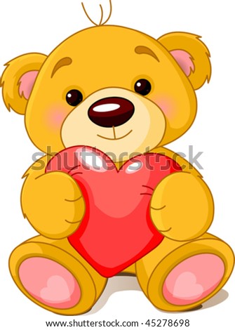 Vector Illustration Of Cute Little Teddy Bear Holding Red Heart ...