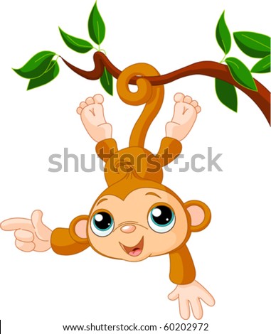 Cute Baby Monkey On A Tree Showing (Presenting) Stock Vector ...