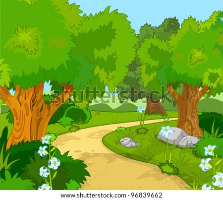 A Green Forest Landscape With Trees And Flowers Stock Vector 96839662 ...