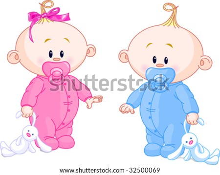 Twin Baby Boy And Girl With Pacifiers and Toys