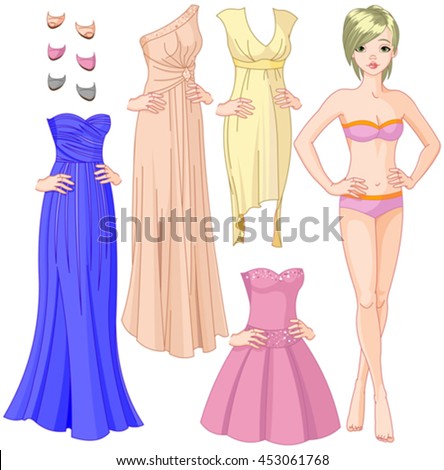 Collection of paper doll with different evening dresses