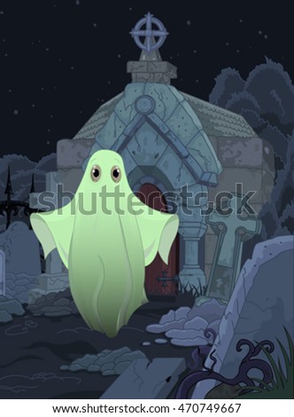 Halloween illustration of cute ghost on cemetery background