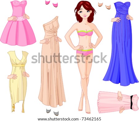 Paper Doll with different evening dresses