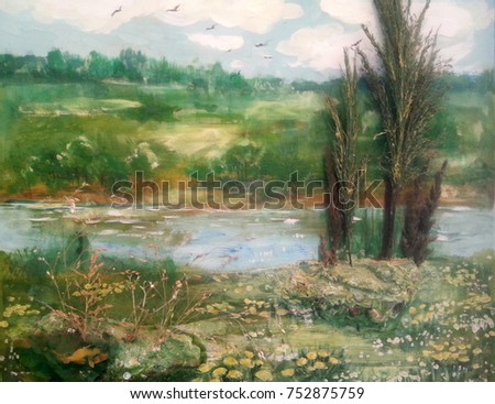 Summer landscape, trees, river and rural. Painting