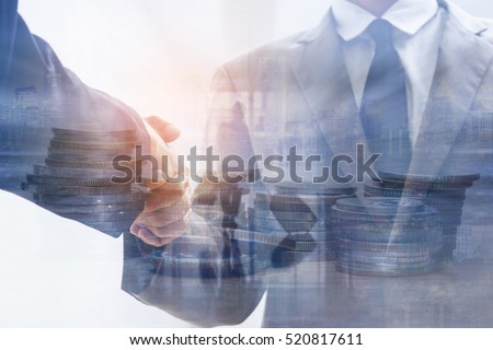 Double exposure of executive business man handshake and coins with passenger in airport ストックフォト © 
